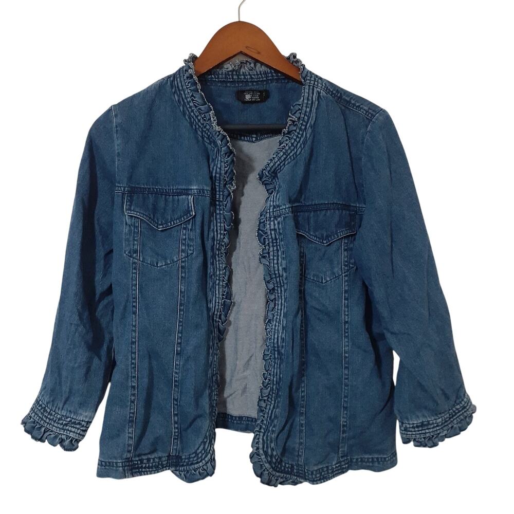 Cynthia Max Women's Denim Top L Cotton Tencel Ruffles Shacket